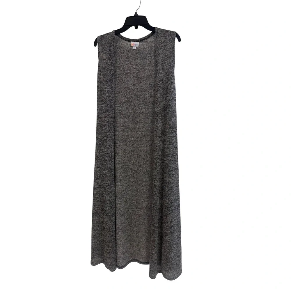LuLaRoe Joy Duster Vest Womens XL Black White Marled Knit Longline Open Front